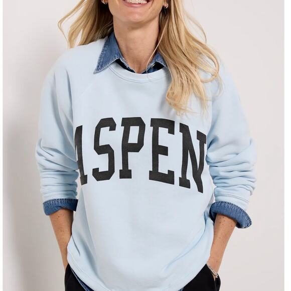 Evereve Retro Brand Long Sleeve Blue Aspen Graphic Crew Neck Sweatshirt - Picture 2 of 7